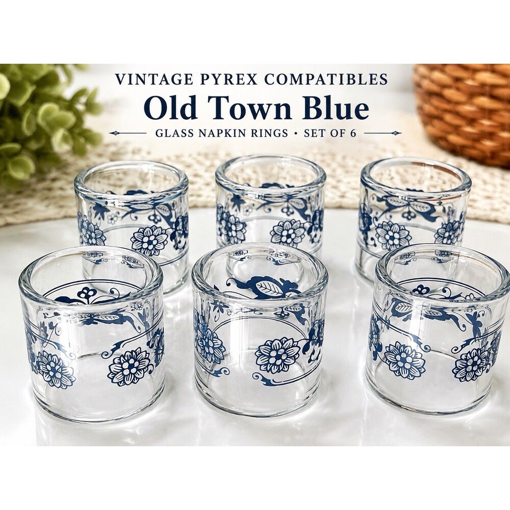 Vintage 1970s Pyrex Old Town Blue Glass Napkin Rings Set of 6 Corelle